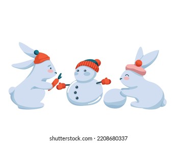 Cute Winter Characters to celebrate seasonal Holidays. Funny Bunnies make Snowman and attach carrot as a nose. Vector illustration isolated on white great for greeting cards, banners and posters.