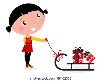 Cute winter child, sledge and christmas presents isolated on white