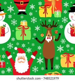 Cute winter childish seamless pattern with hand drawn Christmas cartoon characters as Santa Claus, Reindeer and Snowman