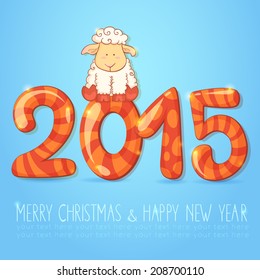 Cute winter chinese new year card with cartoon sheep and 2015 figures