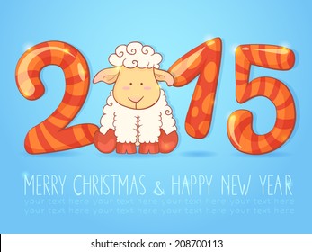 Cute winter chinese new year card with cartoon sheep and 2015 figures