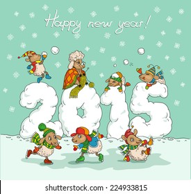 Cute winter chinese new year card with cute cartoon sheep and 2015 figures