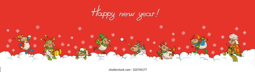 Cute winter Chinese new year card with cute cartoon sheep.