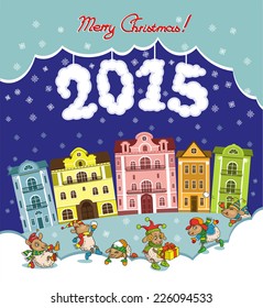 Cute winter Chinese new year card with cute cartoon sheep and 2015, the figures on a background of houses.