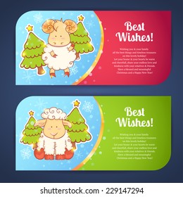 Cute winter chinese new year card with cartoon sheep and 2015 figures