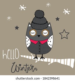 cute winter Christmas card of an owl in a hat sitting on a tree branch