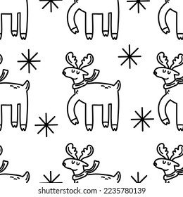 Cute winter Christmas deer pattern in doodle. Design for winter decoration interior, print posters, greeting card, business banner, wrapping. 