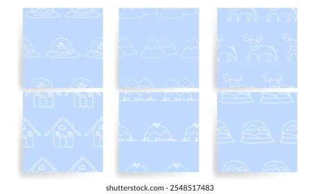 Cute winter and Christmas doodle backgrounds with snow, deer, mountains, and other festive symbols for holiday designs. Seamless Pattern 