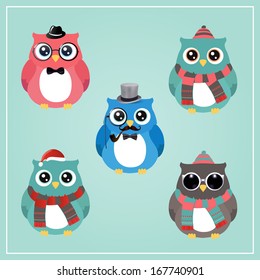 Cute Winter Christmas Hipster Owls Vector Illustration, hat, mustache, santa hat, glasses, knitted scarf, funny cartoons, set