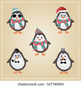 Cute Winter Christmas Hipster Penguins Vector Illustration, hat, mustache, santa hat, glasses, knitted scarf, funny cartoons, set