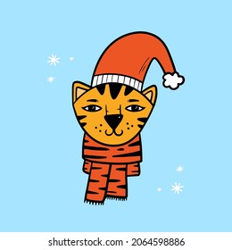 Cute winter, christmas, new year celebration illustration with cartoon style tiger wearing christmas hat and warm scarf.
