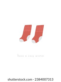 Cute winter Christmas New Year postcard with cute hand drawn doodle knitted socks. Cold winter season cover, template, banner, poster, print. Holiday seasonal background for kids
