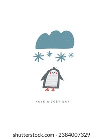 Cute winter Christmas New Year postcard with cute hand drawn doodle penguin, snowy cloud. Cold winter season cover, template, banner, poster, print. Holiday seasonal background for kids