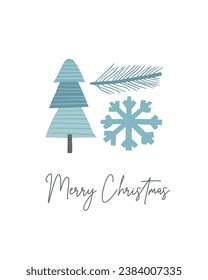 Cute winter Christmas New Year postcard with cute hand drawn doodle snowflake, fur tree, pine branch. Cold winter season cover, template, banner, poster, print. Holiday seasonal background for kids