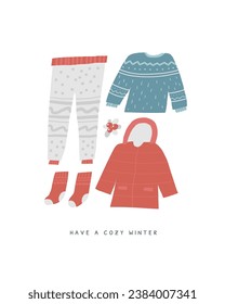 Cute winter Christmas New Year postcard with cute hand drawn doodle sweater, coat, socks, jacket, pants, pajama. Cold winter season cover, template, banner, poster, print.