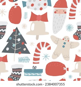 Cute winter Christmas New Year seamless pattern. Funny hand drawn doodle repeatable pattern with santa, candy stick, ginger bread man, gift, bell, Christmas tree. Winter season, Noel theme background