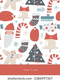 Cute winter Christmas New Year postcard with cute hand drawn doodle santa, bag, candy stick, ginger bread man, gift box, present sock, sweet. Cold winter season cover, template, banner, poster, print.