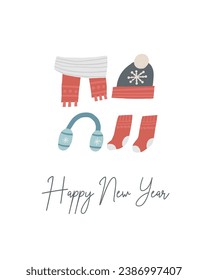 Cute winter Christmas New Year postcard with cute hand drawn doodle socks, scarf, hat, beanie, ear hat. Cold winter season cover, template, banner, poster, print. Holiday seasonal background for kids