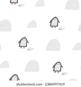 Cute winter Christmas New Year seamless pattern. Funny hand drawn doodle repeatable pattern with north pole penguin, snowdrifts, snow, fish. Winter season, Noel, polar, arctic theme background