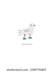 Cute winter Christmas New Year postcard with cute hand drawn doodle white polar gull. Cold winter season cover, template, banner, poster, print. Holiday seasonal background for kids