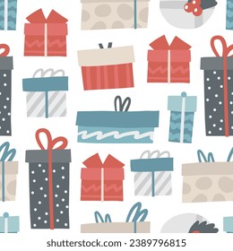 Cute winter Christmas New Year seamless pattern. Funny hand drawn doodle repeatable pattern with flowers, nature, rainbow, princess frog. Winter season, Noel, polar, arctic theme background
