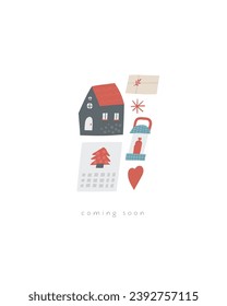 Cute winter Christmas New Year postcard with cute hand drawn doodle house, lamp, heart, present, calendar. Cold winter season cover, template, banner, poster, print. Holiday seasonal background