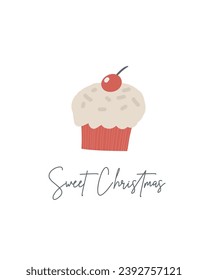Cute winter Christmas New Year postcard with cute hand drawn doodle cherry cake, cupcake, pie. Cold winter season cover, template, banner, poster, print. Holiday seasonal background for kids