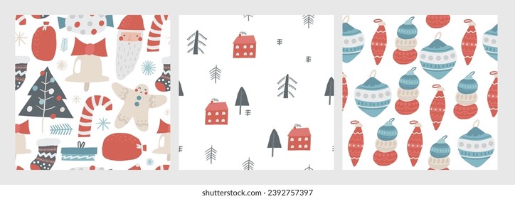 Cute winter Christmas New Year seamless patterns set. Funny hand drawn doodle repeatable pattern with house, home, forest, toy, garland, santa, bell, cookie, sock. Noel, polar, arctic theme background