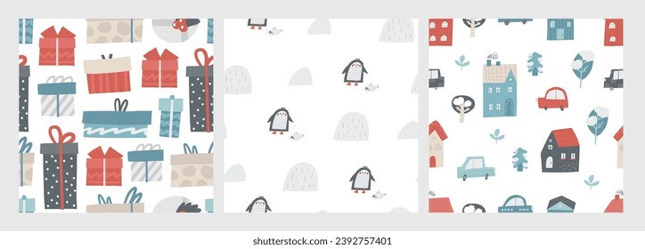 Cute winter Christmas New Year seamless patterns set. Funny hand drawn doodle repeatable pattern with gift, present, box, penguin, animal, bird, house, city. Noel, polar, arctic theme background