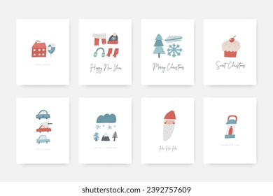 Cute winter Christmas New Year postcard with cute hand drawn doodle santa, character, cake, car, snowflake, tree, scarf, socks. Cold winter season cover, template, banner, poster, print.