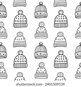 Cute winter Christmas New Year seamless pattern. Funny hand drawn doodle repeatable pattern with hat, ear flaps hat, cap, beanie, knitted hat. Winter season, Noel, polar, arctic theme background black