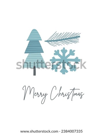 Cute winter Christmas New Year postcard with cute hand drawn doodle snowflake, fur tree, pine branch. Cold winter season cover, template, banner, poster, print. Holiday seasonal background for kids