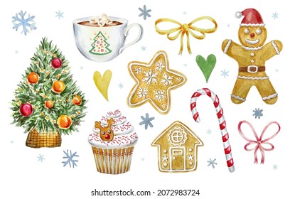 Cute winter Christmas objects set hand drawn in watercolor isolated on white background, vector illustration