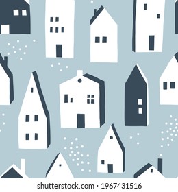 Cute winter Christmas Scandinavian house vector seamless pattern. Whimsy holly Xmas abstract modern hygge festive background. Seasonal winter holidays geometric graphic design