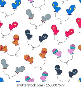 Cute winter Christmas seamless pattern with hand drawn mittens. New Year holiday kids texture for textile, wrapping paper, wallpaper, new year decor