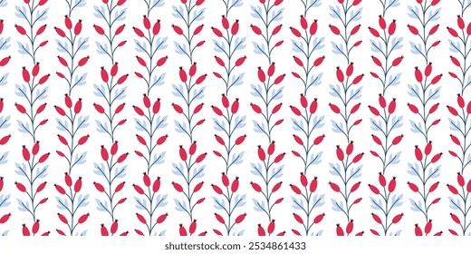 Cute winter and Christmas seamless pattern with plants. Hand drawn berries and leaves. Vector flat illustration. Holiday background with decorative seasonal elements.
