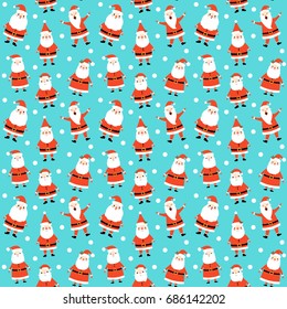 Cute winter and Christmas seamless pattern design with Santa Claus in red costume on blue background with white dots