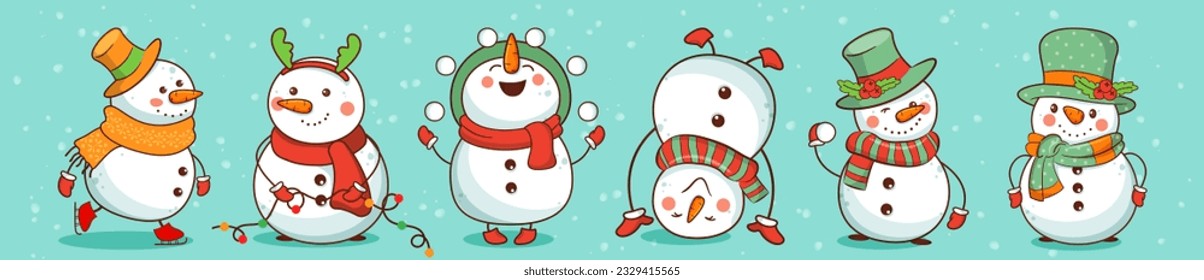 Cute winter Christmas snowmen set. Flat cartoon vector illustration.