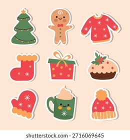 Nette Winter- und Weihnachtsaufkleber-Packung mit gemütlichen Ferienelementen. Perfekt für Social Media, Messaging-Apps, Planer, Scrapbooking, Grußkarten, Einladungen, Branding, Webdesign und Urlaubsaktionen.