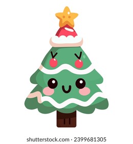 cute winter Christmas tree decorated with Santa top hat, ball and star in cartoon flat style. Merry Christmas and Happy New Year. Vector illustration isolated.