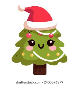 süßer Weihnachtsbaum mit Weihnachtsmütze und Ball im Cartoon-Stil. Frohe Weihnachten und glückliches neues Jahr. Vektorgrafik einzeln.