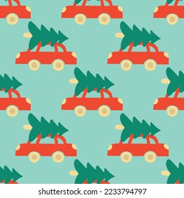 Cute winter Christmas trees on the roof of a machine pattern in cartoon style in vector. Design for winter decoration interior, print posters, greeting card, business banner, wrapping. 