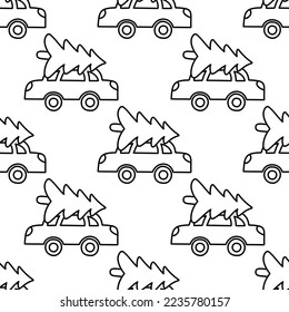 Cute winter Christmas trees on the roof of a machine pattern in doodle. Design for winter decoration interior, print posters, greeting card, business banner, wrapping. 
