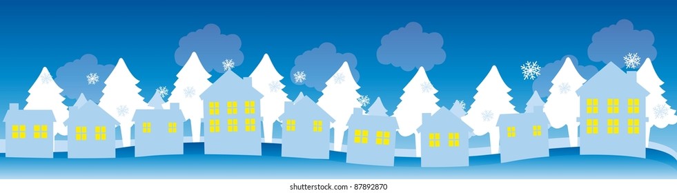 cute winter city with trees and snow, background. vector