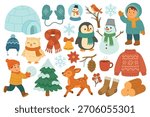Cute winter clipart set with characters, animals, clothing, decorations, nature elements, and cozy seasonal details.