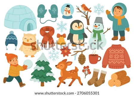 Cute winter clipart set with characters, animals, clothing, decorations, nature elements, and cozy seasonal details.