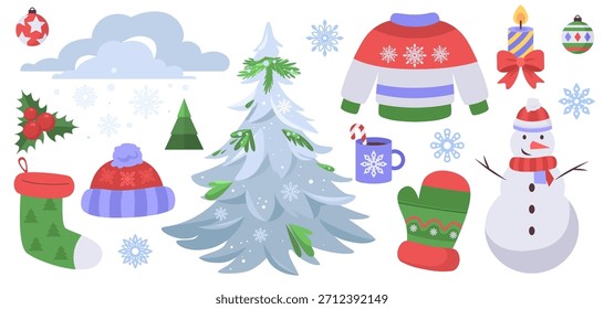 Cute winter clipart set featuring a snowy Christmas tree, sweater, hat, mitten, stocking, snowman, holly, snowflakes, clouds and a hot cocoa mug. Perfect for holiday cards, stickers, packaging and cozy seasonal designs.