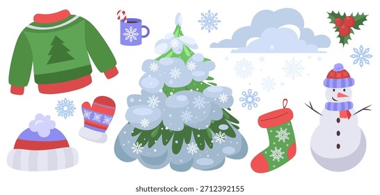 Bonito clipart de inverno conjunto com uma árvore de Natal nevado, suéter, chapéu, mitten, meia, boneco de neve, azevinho, flocos de neve, nuvens e uma caneca de cacau quente. Perfeito para cartões de férias, adesivos, embalagem e desenhos sazonais acolhedores.