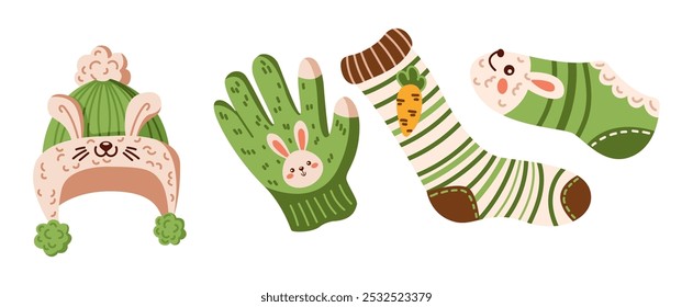 Cute winter clothes with bunny decor flat color vector objects set. Warm hat gloves and socks for kids illustrations pack on white background