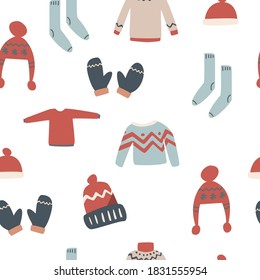 cute winter clothings pattern seamless. Scarf, christmas, hat sweather, socks winter atmosphere illustrations